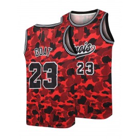 Men's #23 Goat Camo Blend Basketball Jersey - Retro 90's Style, Breathable & Quick-Dry, Sleeveless Sports Uniform for Parties & Training, Red/Black/Brown, Moisture-Wicking Nylon/Spandex