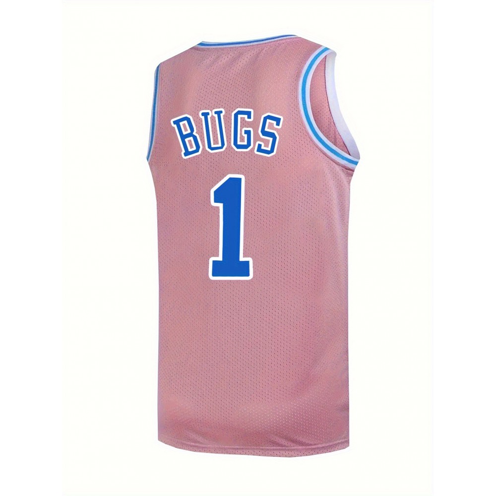 Men's #1 Pink Basketball Jersey with Embroidery, Breathable V-Neck Sleeveless Sports Uniform for Summer Training & Casual Wear
