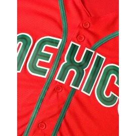 1pc Men'S Mexico #56 Baseball Jersey - V-Neck, Short Sleeve, Embroidered, Breathable Polyester, Lightweight, Moisture-Wicking, Ergonomic Design, Button Closure - Sports & Casual Wear for Four Seasons