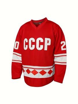 Vintage Style 1980 Ice Hockey Jersey - #20 Tretiak Inspired, Long Sleeve, V-Neck, Breathable Polyester Knit Fabric, Embroidered Letter & Number Pattern, Loose Fit Sports Top for Casual or Team Events, All Seasons - Red