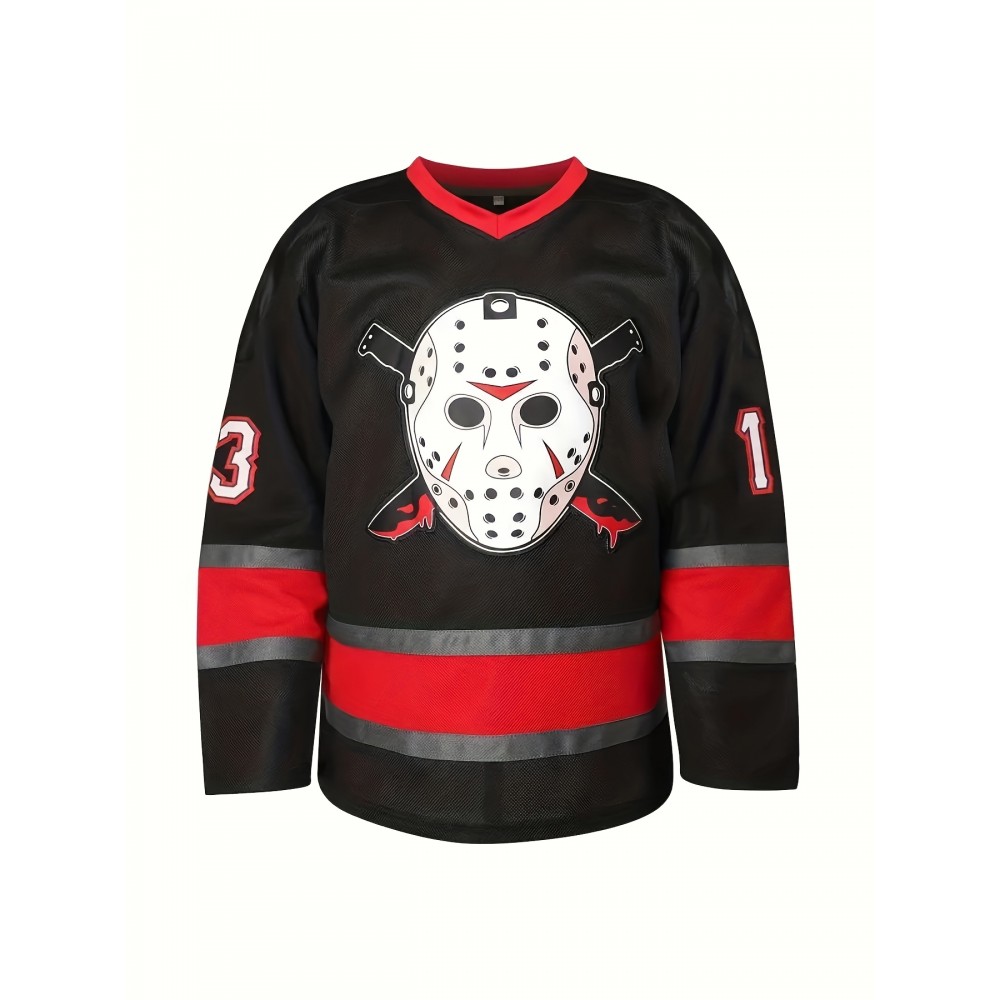 Men'S Voorhees 13 Jason Inspired Hockey Jersey, Polyester Sports V-Neck, Embroidered, Breathable, Lightweight, Moisture-Wicking, Ergonomic Knit Fabric, for Casual, Training, Party, Daily Wear, All-Season