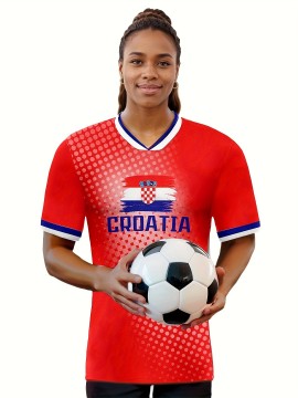 Women's Plus Size Croatia Soccer Jersey - Patriotic Red & Blue V-Neck, Breathable & Lightweight Polyester Sports Tee with Croatian Flag & 