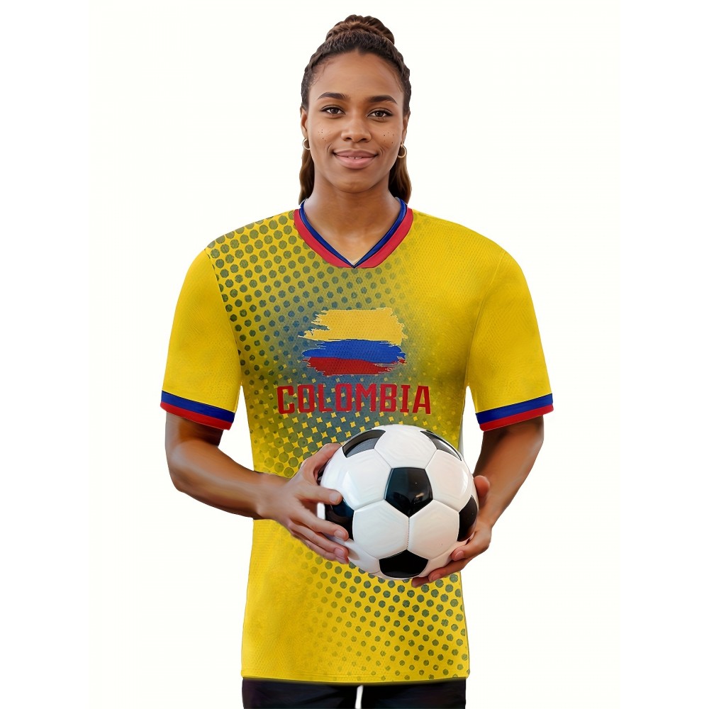 Women's Large Size Professional Sports Fabric Creative Pattern Print Colombia Home Soccer Jersey T-shirt, Soccer Jersey Flag Uniforms Shirts Breathable And Lightweight, Moisture-Wicking, As Gifts For Sports Fans
