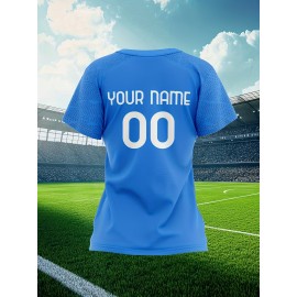 Customizable Women'S Plus Size Football Jersey - Personalized Team Name & Number, Breathable Outdoor Sports Shirt with Vibrant Blue & Pink Geometric Design, Perfect for Soccer Fans, Soccer Fan Apparel | Vibrant Jersey Design | Durable Fabric Shirt