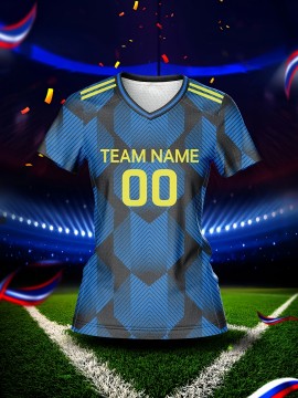 Custom Name & Number Women's V-Neck Football Jersey - Blue & Black Checkered Design, Breathable & Quick-Dry Polyester Sports Top for Team Training, Fitness & Casual Wear