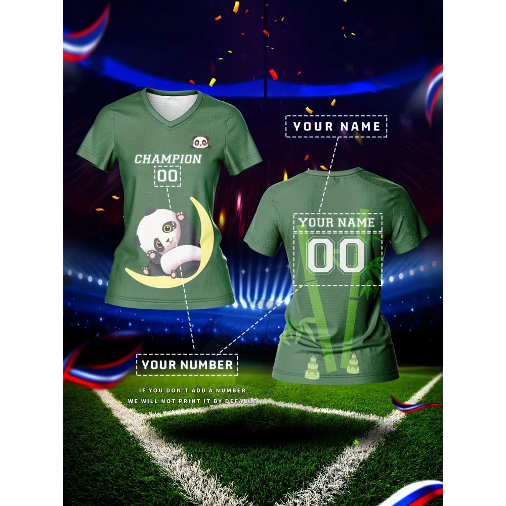 Customized Women's V-Neck Football Jersey - Personalized Name & Number, Breathable Quick-Dry Fabric, Team Training & Casual Wear with Cute Cartoon & Champion 00 Design, Spring Summer Fall Sports Apparel, Durable Sports Gear