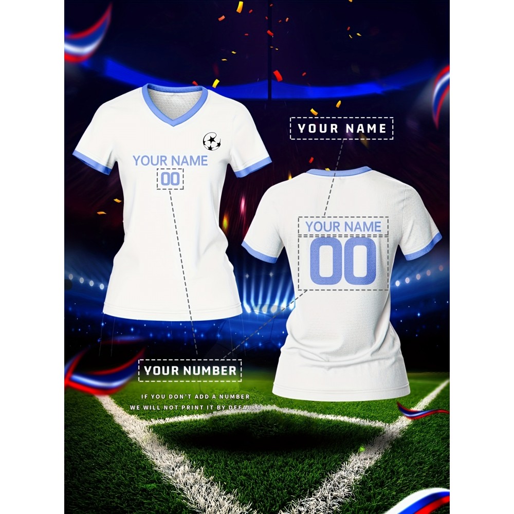 Customizable Women's V-Neck Soccer Jersey - Personalized Name & Number, Breathable Polyester, Quick-Dry Sports Top with Blue Accents for Team Training & Casual Wear, Team Apparel | Customizable Soccer Shirt | Knit Construction