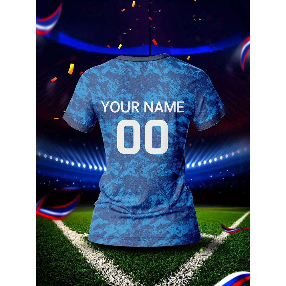 Customizable Women's V-Neck Football Jersey - Personalized Name & Number, Breathable Polyester, Quick-Dry Sports Top for Team Training, Casual Wear, and Fitness - Blue Camouflage Design