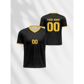 1pc Customizable Kids Soccer Jersey - Polyester V-Neck Football Top with Personalized Name & Number, Medium Stretch, All Over Print, Casual Sports Style for Boys & Girls, Perfect for Training, Beach, Weekend, Birthday - Knit Fabric, Regular Fit