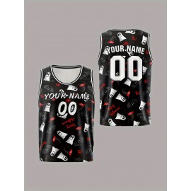 Customized Name And Number Boy's Basketball Sports Vest, Halloween Theme Ghost And Bat Pattern Print Breathable Vest For Game Team Training Outdoor Sports Running Workout