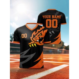 1pc Customizable V-Neck Soccer Jersey for Kids - 100% Polyester, Medium Stretch, All-Over Print, Personalized Name & Number, Regular Fit, for Boys & Girls, Ideal for Sports, Casual Wear, Training, Beach, Birthday - Spring/Summer/Fall