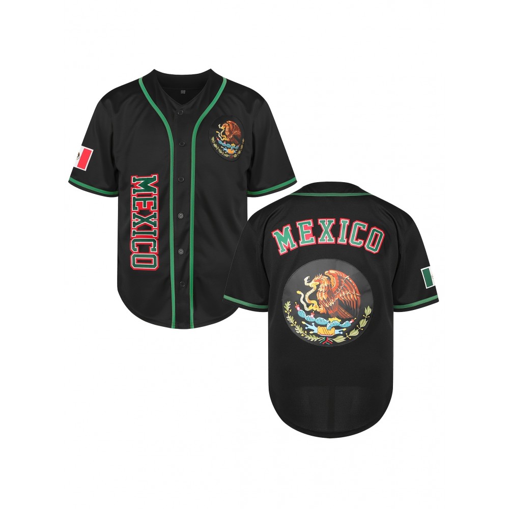 1pc Mexico Men'S V-Neck Baseball Jersey - Breathable Polyester Sports Top with Lettering and Emblem, Casual Loose-Fit for Training and Beachwear, Available in Black, White, and Red