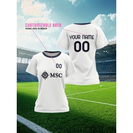 Customizable Women'S Plus Size Football Jersey - Personalized Team Name & Number, Breathable Outdoor Sports Shirt with Vibrant Blue & Pink Geometric Design, Perfect for Soccer Fans, Soccer Fan Apparel | Vibrant Jersey Design | Durable Fabric Shirt