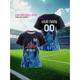 Customizable Women'S Plus Size Football Jersey - Personalized Team Name & Number, Breathable Outdoor Sports Shirt with Vibrant Blue & Pink Geometric Design, Perfect for Soccer Fans, Soccer Fan Apparel | Vibrant Jersey Design | Durable Fabric Shirt