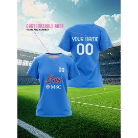 Customizable Women'S Plus Size Football Jersey - Personalized Team Name & Number, Breathable Outdoor Sports Shirt with Vibrant Blue & Pink Geometric Design, Perfect for Soccer Fans, Soccer Fan Apparel | Vibrant Jersey Design | Durable Fabric Shirt