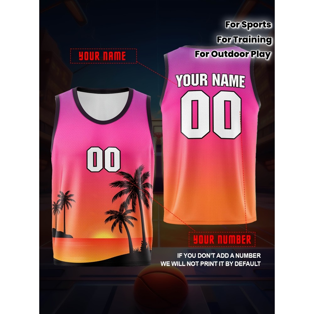 Custom Youngsters' Basketball Tank Top - Personalized Name & Number, Pink to Orange Gradient with Palm Tree Design, Breathable Polyester for Sports, Training, and Outdoor Play